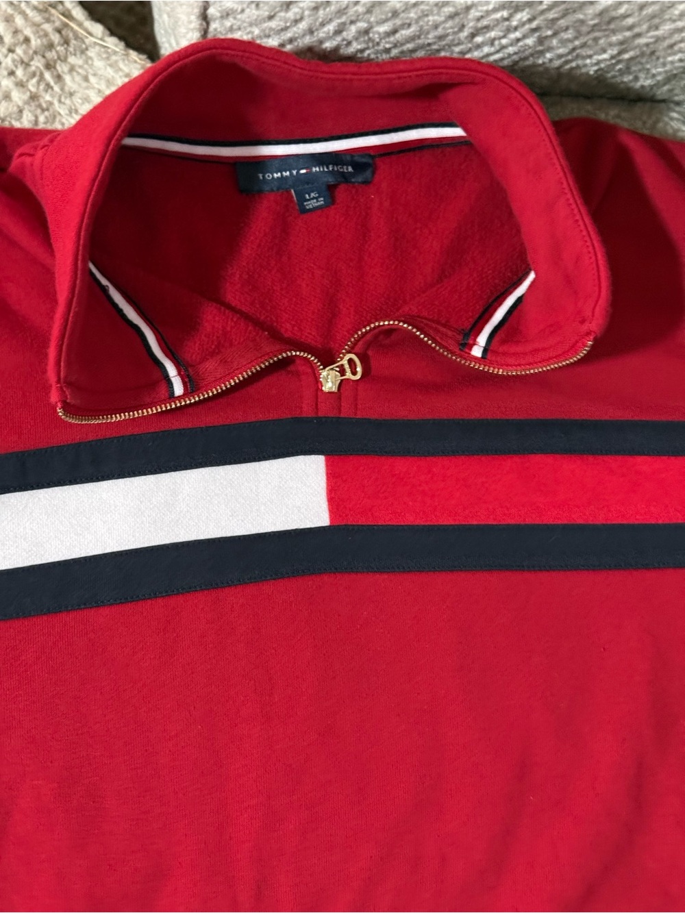 Tommy Hilfiger Red Pullover with Navy and White Chest Stripes